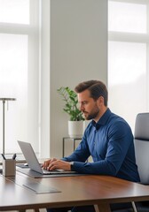 Fototapeta premium Concentrated Work: A focused businessman sits at his desk, engrossed in his laptop, reflecting a sense of focused intent. capturing the quiet resolve of dedication in a corporate setting.