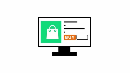 Illustration of a computer monitor displaying an online shopping interface with a shopping bag icon and buy button