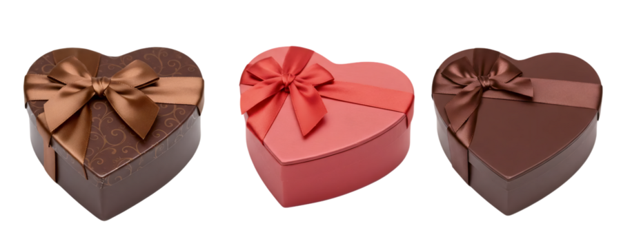 A set of three elegant heart-shaped gift boxes in brown, red, and dark chocolate colors, each with a beautiful bow. This collection is perfect for Valentine's Day, anniversaries, or romantic gifts.