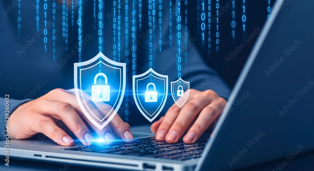 Poster cyber security: a pair of hands works diligently on a sleek laptop keyboard, surrounded by symbolic 