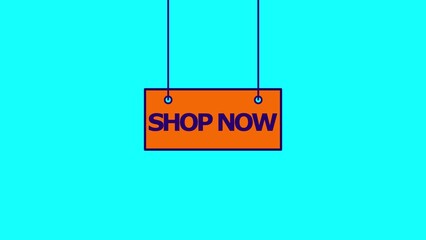 Orange Shop Now Sign Hanging Against a Bright Turquoise Background with Blue Strings and Text