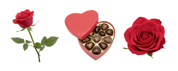 A classic Valentine's Day gift set with a single red rose, a heart-shaped box of chocolates, and another beautiful red rose. This collection is the perfect representation of a sweet romantic gesture.