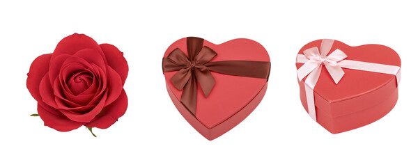 A romantic set with a heart made of red roses, a heart-shaped gift box, and a single red rose. This collection is a beautiful symbol of love and passion for Valentine's Day or an anniversary.