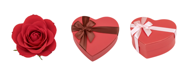 A romantic set with a heart made of red roses, a heart-shaped gift box, and a single red rose. This collection is a beautiful symbol of love and passion for Valentine's Day or an anniversary.