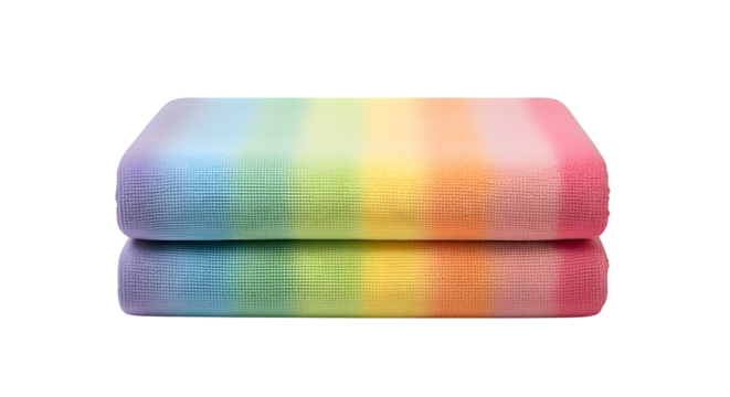 Folded yoga towel with soft rainbow hues, isolated on white background