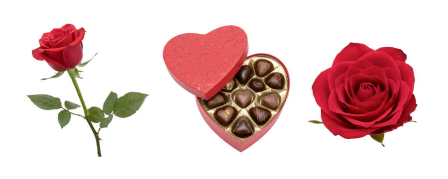 A classic Valentine's Day gift set with a single red rose, a heart-shaped box of chocolates, and another beautiful red rose. This collection is the perfect representation of a sweet romantic gesture.
