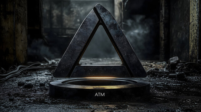 Futuristic cash machine symbol embedded in a triangular monument
