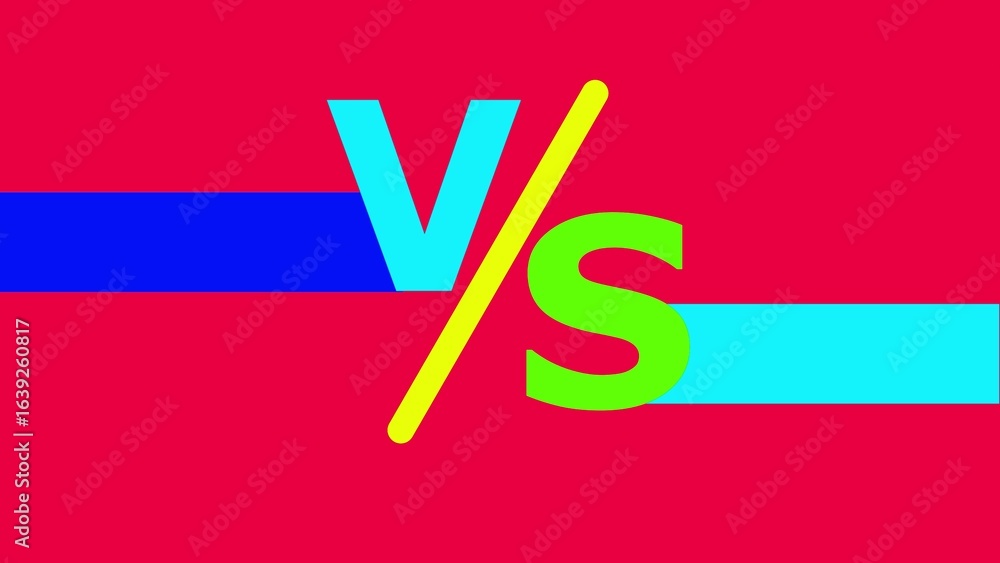 Poster red background with blue and cyan horizontal lines and cyan v and green s with yellow slash symbol