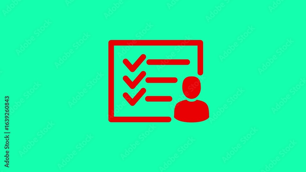 Poster red checklist icon with checkmarks and person symbol on a vibrant teal background