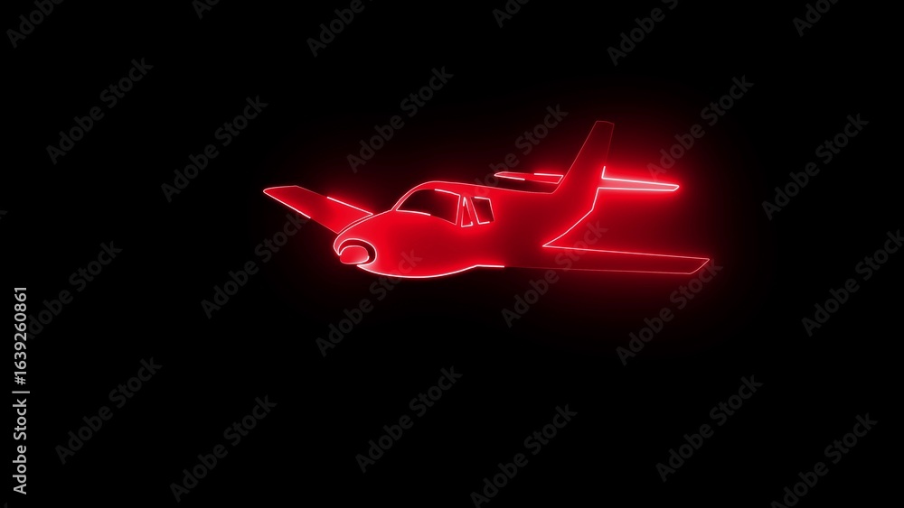 Poster red neon outline of a small airplane against a black background with illuminated edges showing the a