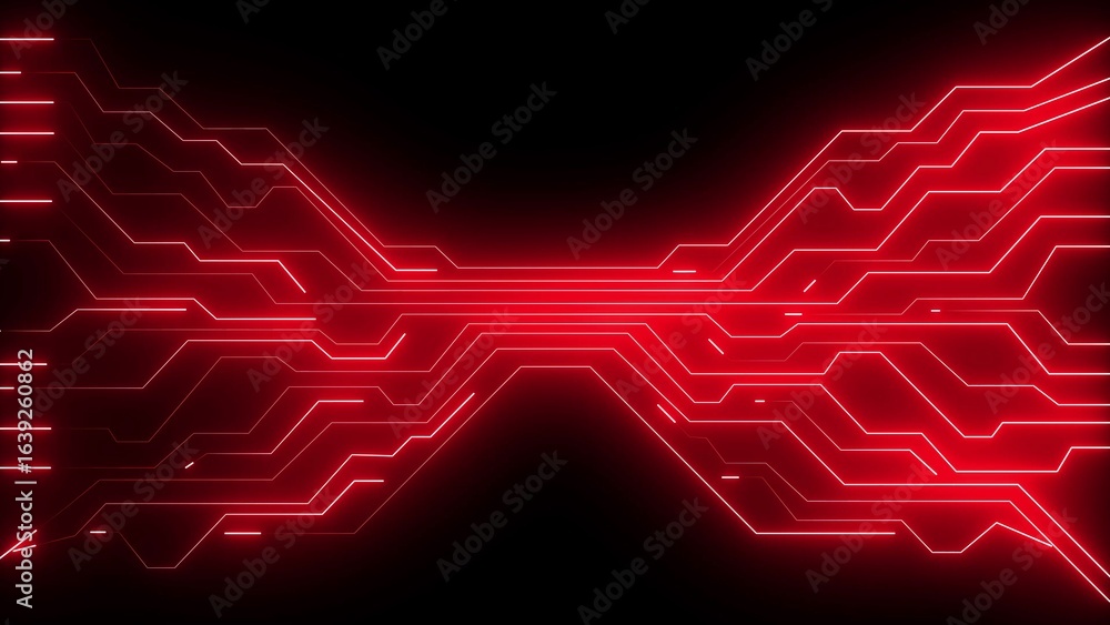 Poster red glowing circuit board design on black background with interconnected lines and digital technolog