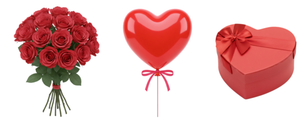 An assortment of romantic Valentine's Day gifts, featuring a bouquet of red roses, a heart-shaped balloon, and a heart-shaped gift box. This collection is perfect for a grand gesture of love.