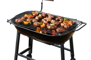 Barbecue grill filled with marinated chicken and vegetables preparing for a delicious outdoor cooking experience