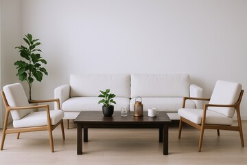 Modern Living Room with Minimalist White Sofa, Armchairs, and Dark Wood Coffee Table Featuring Plants and Decor
