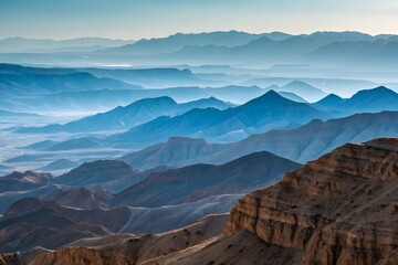 Majestic layered mountain landscape at sunrise with atmospheric haze