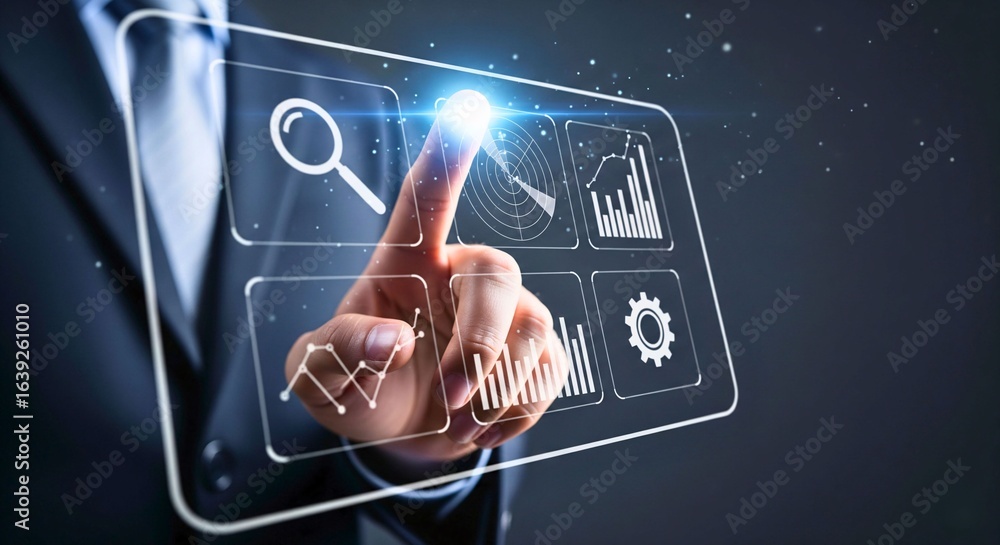 Poster digital touch: a hand interacts with a futuristic, transparent touchscreen, showcasing an array of t