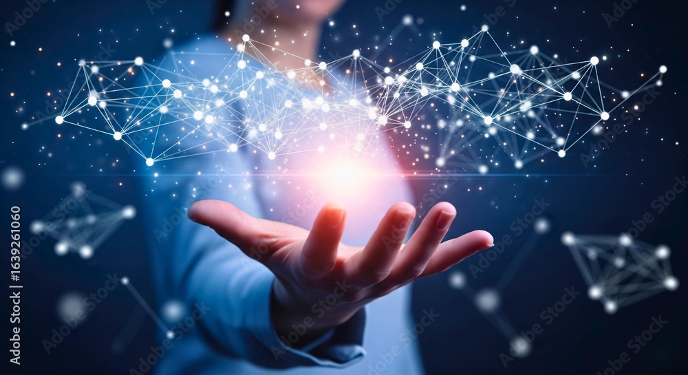 Poster digital innovation: a person's hand reaches towards a luminous network of interconnected data points