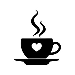 Silhouette of a teacup with a single rising heart shaped steam on white background simple icon  
