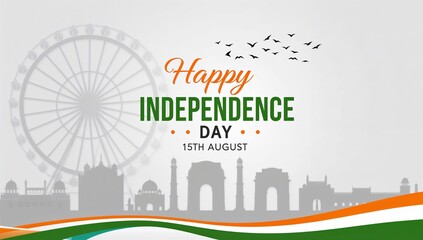 Indian Independence Day on 15th August. Greeting card design with Delhi skyline silhouette and tricolor wave.