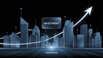 Investment Growth in City Skyline: The cityscape glows with the promise of growth, as financial arrows ascend above the structures.