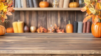 Autumn still life arrangement with pumpkins and fall leaves on a rustic wooden table.
