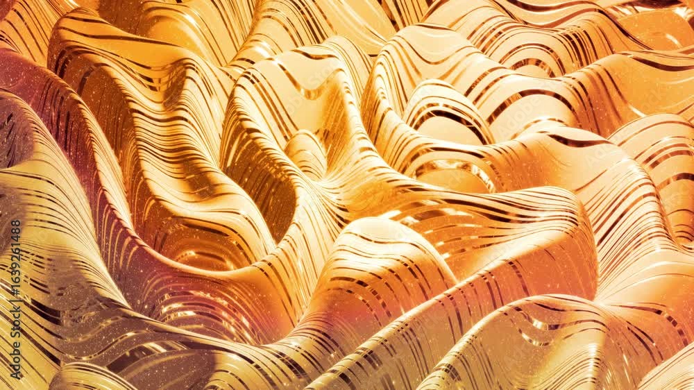 Poster looped abstract background with wavy sparkling golden liquid pattern on shiny glossy surface. viscou