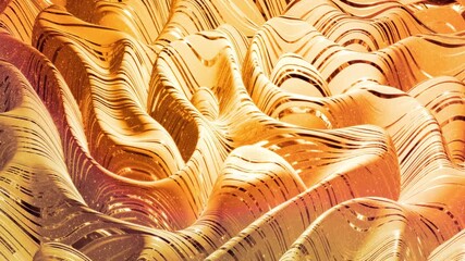 Looped abstract background with wavy sparkling golden liquid pattern on shiny glossy surface. Viscous yellow fluid like surface of gold foil or brilliant glass. Beautiful creative festive backdrop.
