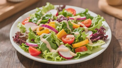 Fresh mixed salad with lettuce, tomatoes, radishes, and a creamy dressing served on a white plate.