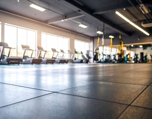 Gym interior, treadmills in the foreground