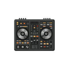 Illustration of a black DJ controller with two turntables, knobs, sliders, and buttons, set against a white background.