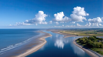 Aerial View of a Serene Coastal Estuary with Blue Water and Fluffy Clouds