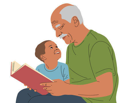 Grandfather and Grandchild Reading Together book family, World Senior Citizen Day