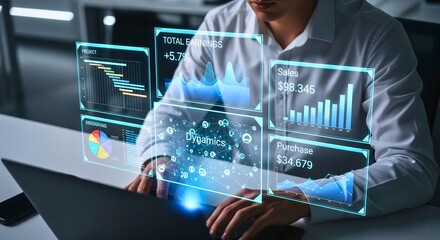 Data Analysis and Digital Interface: A person is immersed in data analysis, his hands hover over the laptop keyboard, surrounded by holographic digital interface of charts and graphs.