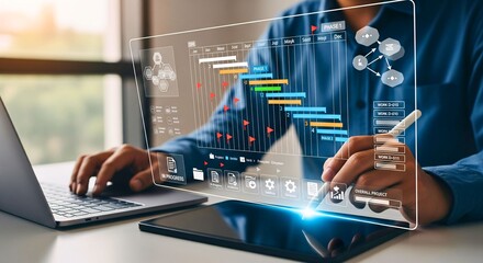 Visionary Project Planner: A sharp business individual intently manages a complex project with interactive elements of technology, charting a strategic course for efficiency and optimal outcomes.
