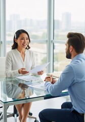 Fototapeta premium Business Interview: Two professionals, engaged in a focused dialogue at a modern office, one holding documents, representing a crucial moment of career or opportunity. 