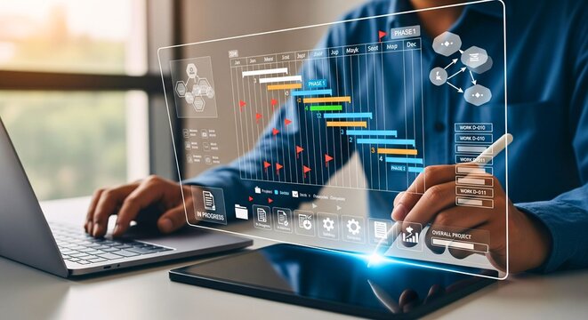Visionary Project Planner: A sharp business individual intently manages a complex project with interactive elements of technology, charting a strategic course for efficiency and optimal outcomes.