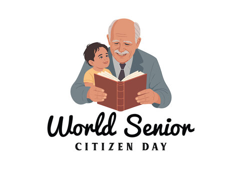 Grandpa reading to grandson surrounded by books birthday, World Senior Citizen Day - Powered by Adobe