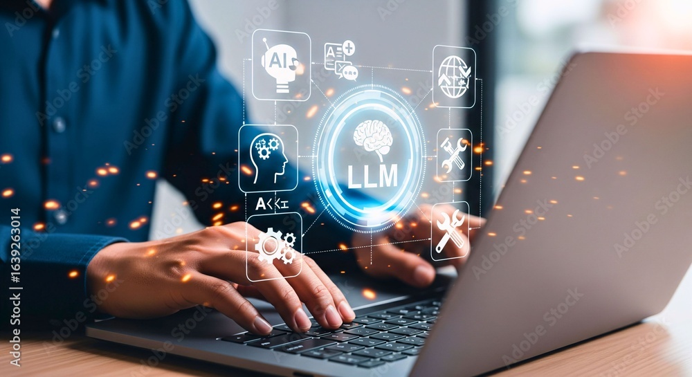Aufkleber ai and technology: close-up of hands operating a laptop, intertwined with digital icons symbolizing 