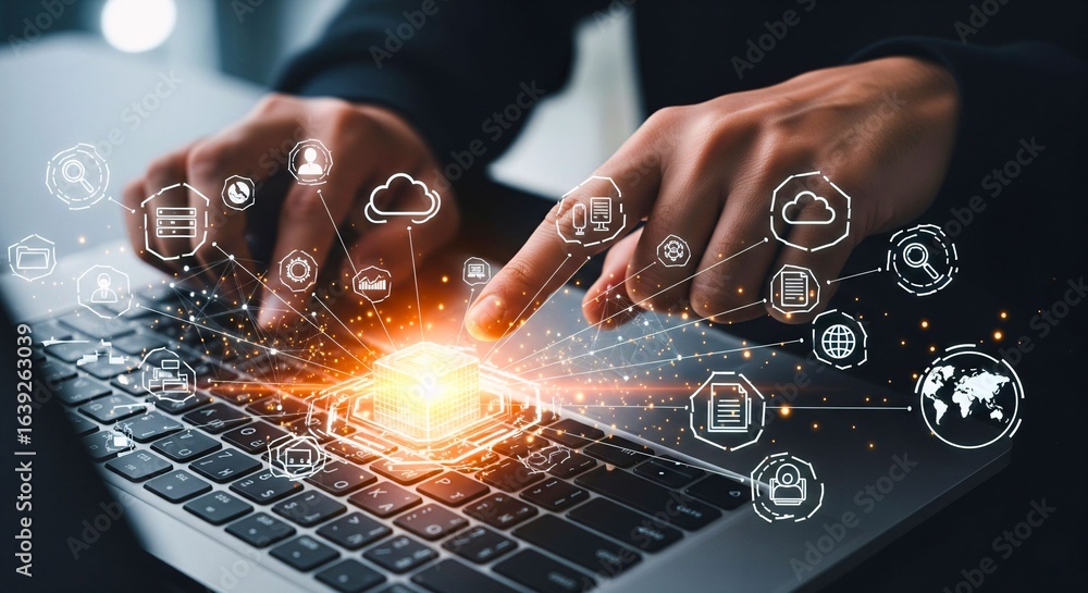 Poster digital touch: a close-up shot of hands interacting with a laptop, digital information and technolog