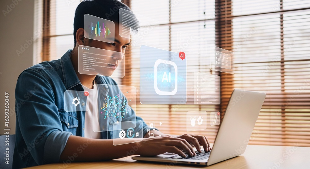 Poster man working on laptop with ar: a man focused intently, as holographic interfaces overlay his perspec