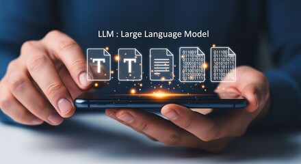 LLM: Large Language Model Technology : Modern hands embrace the core of language, showcasing the convergence of words, data, and the power of artificial intelligence.