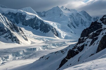 Majestic snow covered mountain range with dramatic clouds and sunlight