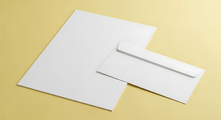 White envelopes and letterhead paper on a pale yellow background.