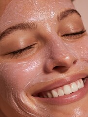 Fototapeta premium Woman Enjoys a Relaxing Lip Mask Session With a Glowing Smile and Soft Pink Tones in a Serene Setting