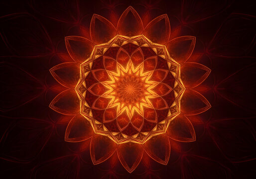 Intricate mandala flower design for fabric pattern, featuring warm reds and golds, repeating motif, suitable for textile printing.