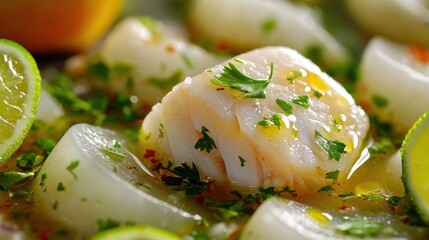 Gourmet fish ceviche appetizer with tender white fish cubes and fresh cilantro garnish in fine dining presentation