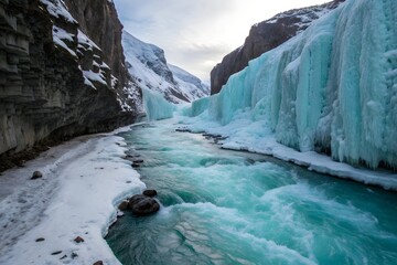 Turquoise river flows through icy canyon walls in winter