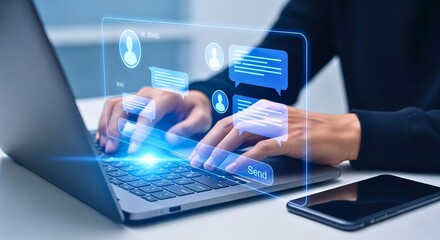 Digital Communication: A person uses a modern laptop, interacting with glowing, futuristic digital interfaces and instant messaging, the scene exudes the fast pace of technological advancement. 