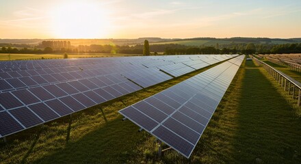 Solar Panel Farm: A vast field of solar panels, under a bright sun. Reflecting a commitment to renewable energy