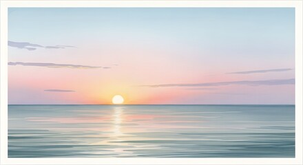 Fototapeta premium A serene watercolor seascape at sunset features a golden sun on the horizon.